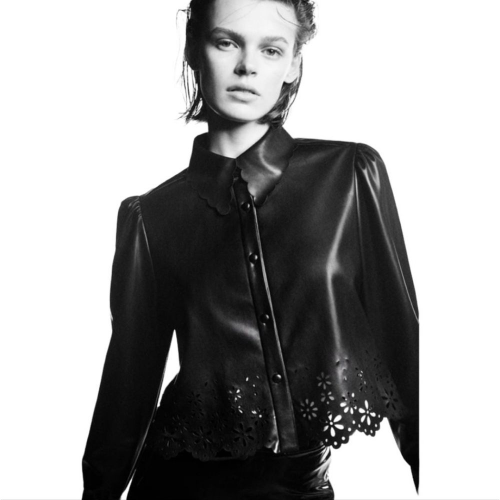 Zara Black Faux Leather Eyelet Jacket Size Xs